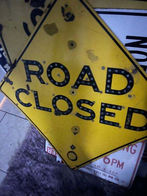 Porcelain Enameled sign w/ Button Reflectors “ROAD CLOSED”