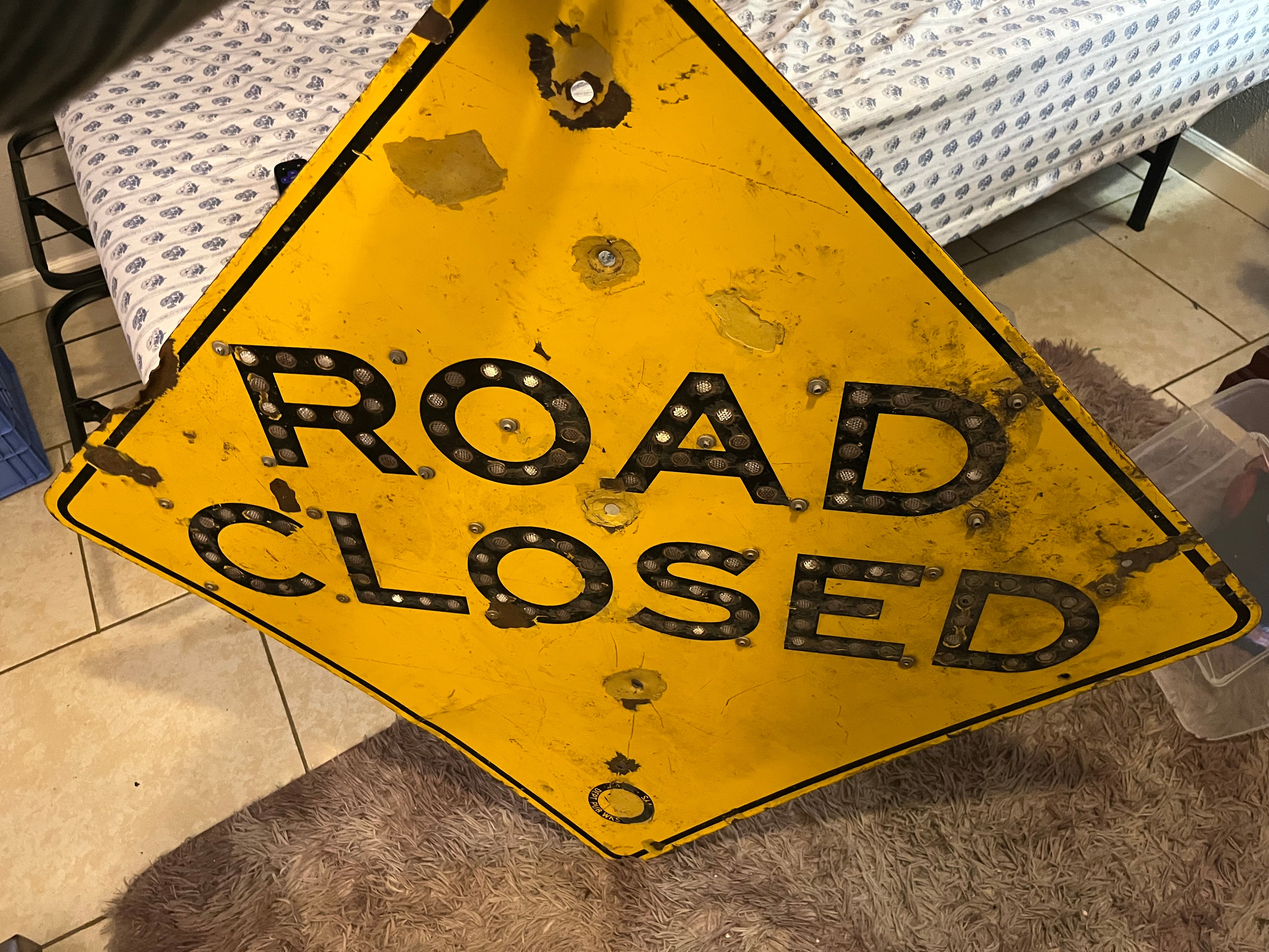 Porcelain Enameled sign w/ Button Reflectors “ROAD CLOSED”